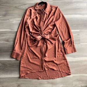 Tie front ruched satin shirt dress